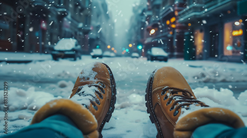 person wearing winter boots is standing on the street, with snow falling and cars driving in front of him The perspective angle showcases his feet photo