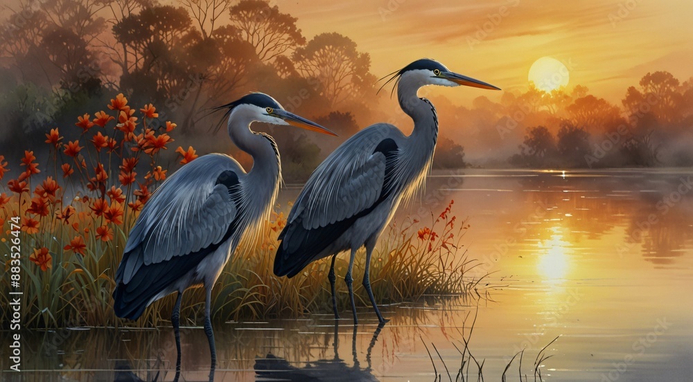 Naklejka premium Majestic blue heron pair standing in a tranquil lake at sunset, serene wetland landscape with golden hour lighting, peaceful nature scene