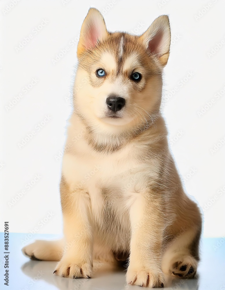 Cachorro de Husky Siberiano sentado con vista frontal Cachorro de Husky Siberiano sentado con vista frontal