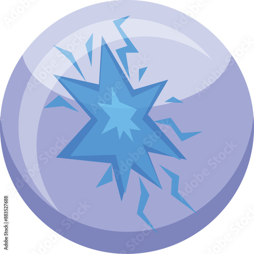 Round crystal ball is showing a blue star exploding with lightning bolts coming out of it