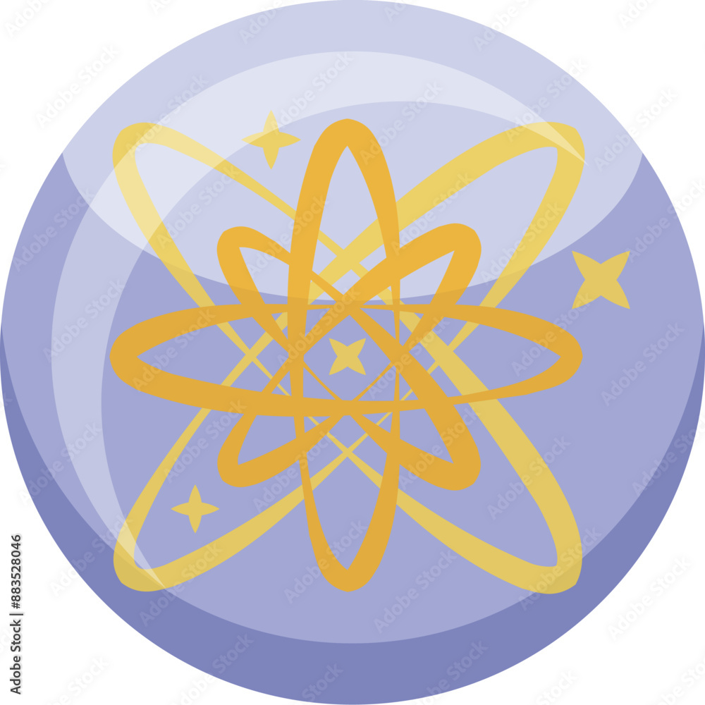 Shiny purple sphere showing a golden atomic model with stars, representing the wonders of science and the universe Shiny purple sphere showing a golden atomic model with stars, representing the wonders of science and the universe