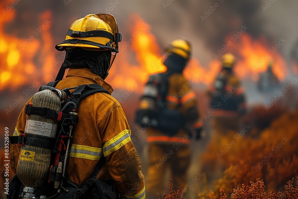 Fototapeta premium Bombeiros combatem incêndio florestal em uma batalha contra as chamas