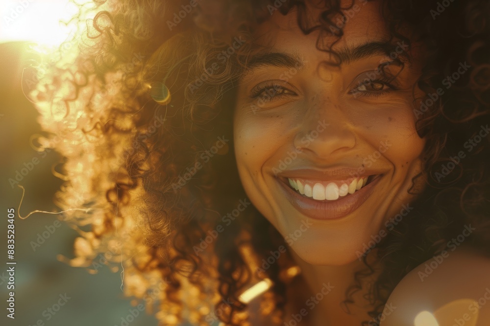 Radiant portrait of a joyful woman with curly hair, bathed in golden sunlight, flashing a brilliant smile. Radiant portrait of a joyful woman with curly hair, bathed in golden sunlight, flashing a brilliant smile.