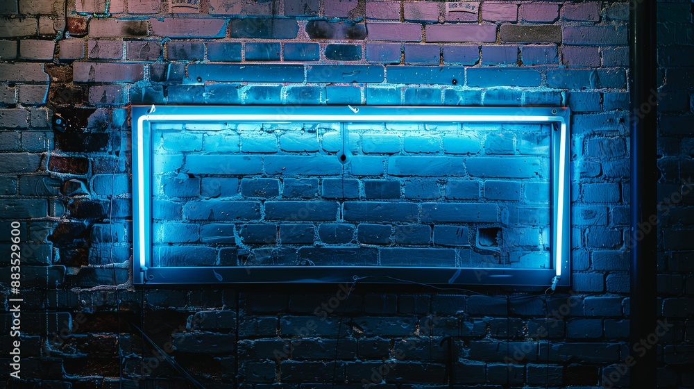 Atmospheric Blue Neon Light on Textured Brick Wall at Night Atmospheric Blue Neon Light on Textured Brick Wall at Night