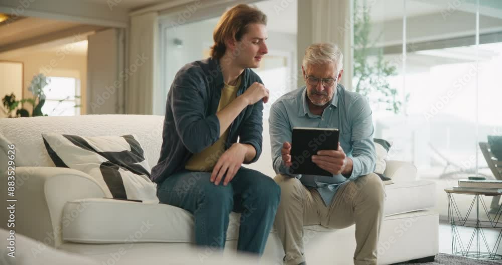 Tablet, home and senior man with tech teaching, help and support from grandchild on website. Social media, technology and app learning with grandfather asking advice on digital platform in lounge