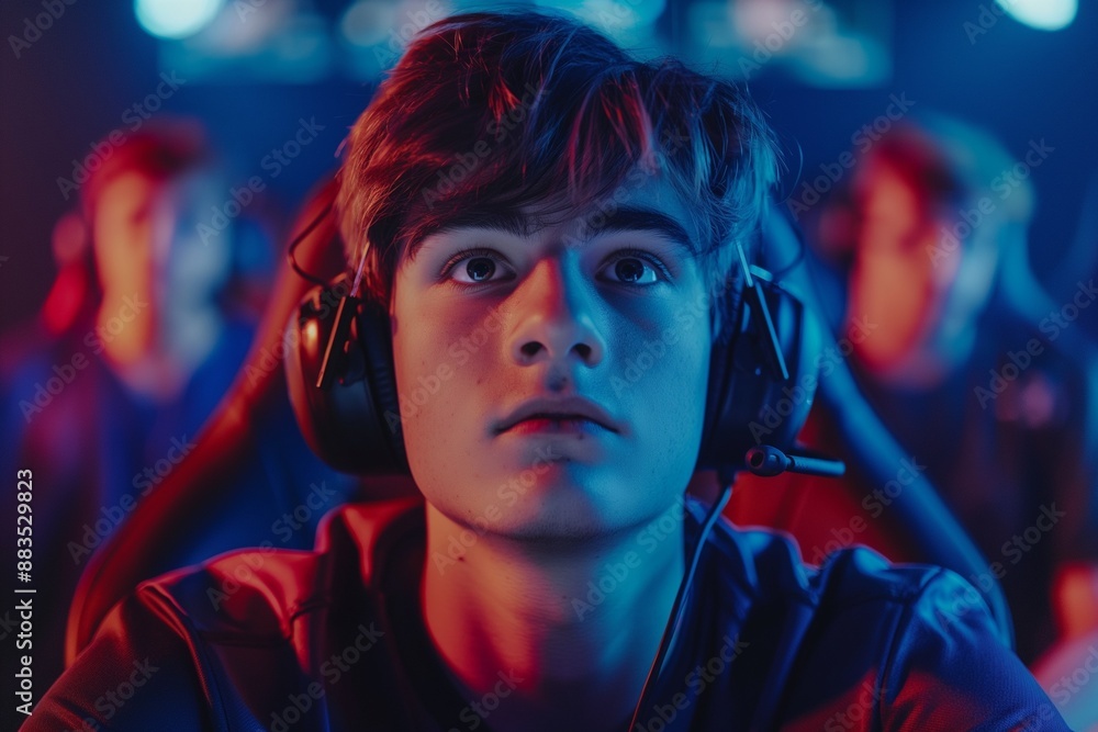 Teen focused on an intense video game, surrounded by vivid blue and red lighting, wearing a headset. Teen focused on an intense video game, surrounded by vivid blue and red lighting, wearing a headset.
