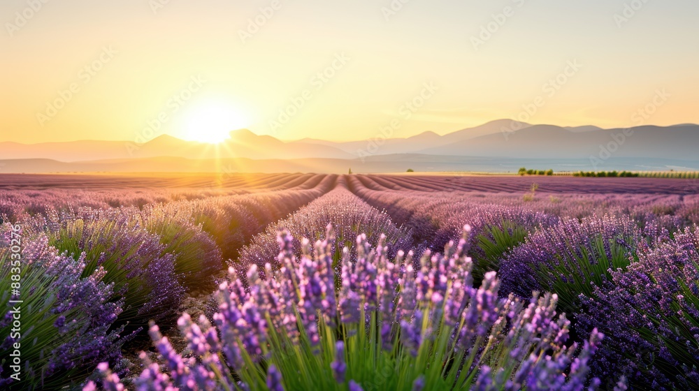 Fototapeta premium A vast lavender field stretches towards the horizon with the sun setting over distant mountains, offering a picturesque view that combines nature's beauty with calmness.