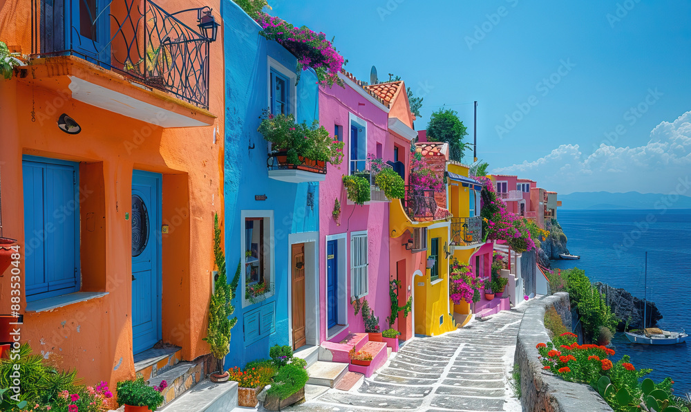 Obraz premium mediterranean style village on the sea in summer, marine tourism in europe, beautiful sky with sun clouds