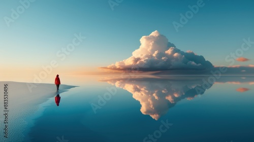 A solitary person walks on a vast reflective water surface, creating a mirror effect, with a striking cloud formation ahead, blending nature and solitude, highlighted by a serene ambiance.