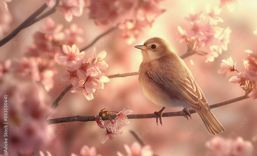Delicate bird resting on a blooming cherry blossom branch in soft light
Delicate bird resting on a blooming cherry blossom branch in soft light