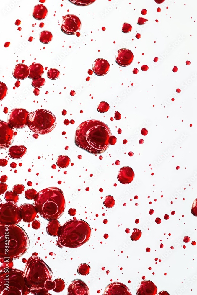 A close-up image of multiple small blood droplets on a white surface A close-up image of multiple small blood droplets on a white surface