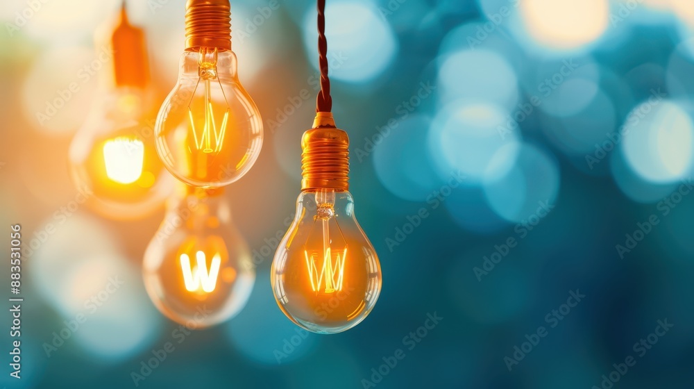 A series of lit incandescent bulbs hanging with a soft, warm bokeh background, evoking feelings of warmth, coziness, connection, and classic lighting aesthetics. A series of lit incandescent bulbs hanging with a soft, warm bokeh background, evoking feelings of warmth, coziness, connection, and classic lighting aesthetics.