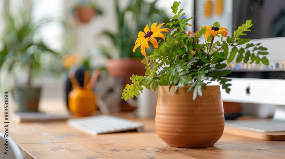 A bright home office setup with a flowerpot featuring yellow flowers on a wooden desk, with a computer, keyboard, and various other potted plants in the background. A bright home office setup with a flowerpot featuring yellow flowers on a wooden desk, with a computer, keyboard, and various other potted plants in the background.