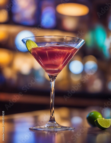 Cosmopolitan in a martini glass with a lime wedge in an upscale cocktail lounge