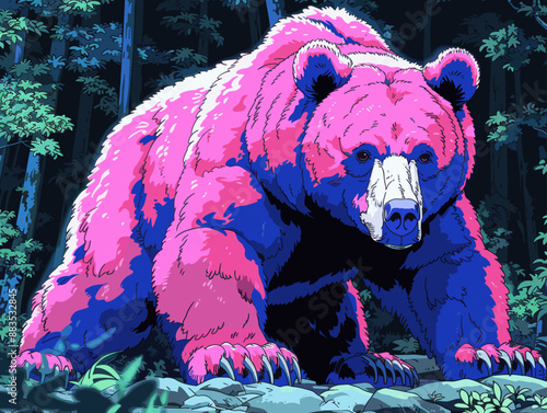 Vibrant Neon Pink and Blue Bear in Forest for Bold Modern Art and Wildlife-Themed Decor
