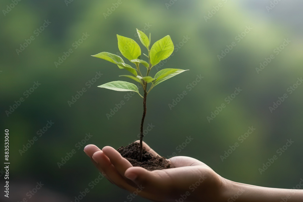 hand. care of plant sprouting from ground. caring for nature. leaves in palm of your arm. ecology, nature protection