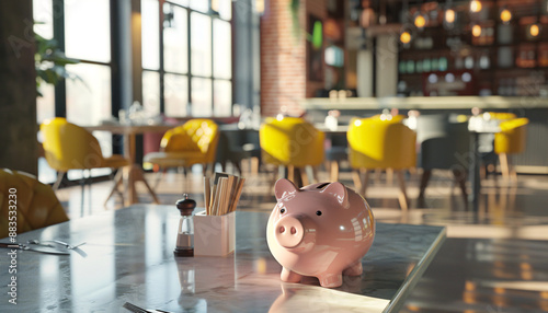 Financial Support for Small Businesses 3D Render of a Piggy Bank in a Restaurant Setting Funds for SME