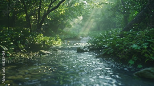 A peaceful forest stream with clear, flowing water, surrounded by lush vegetation and dappled sunlight filtering through the trees.