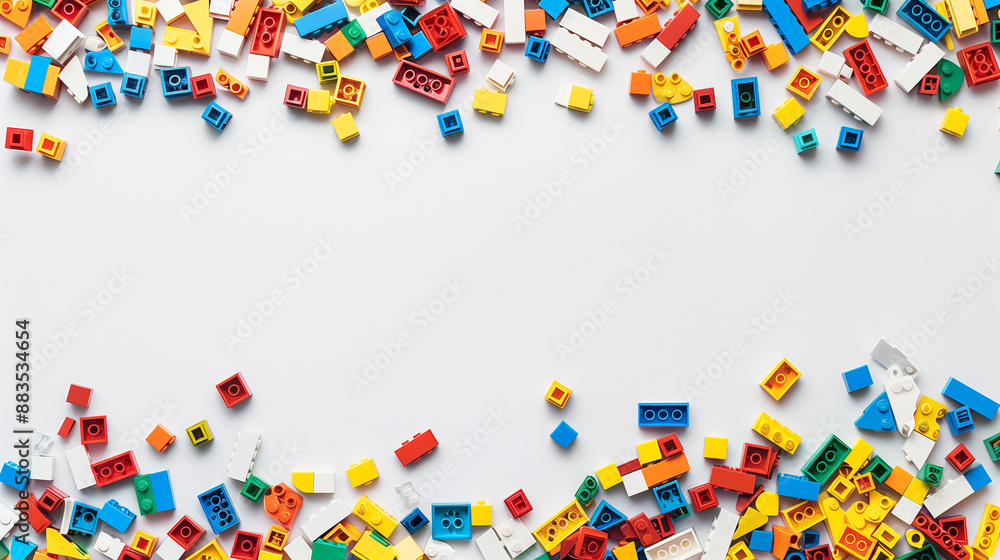 White background with a clear blank center of the image. There are colorful blocks of various shapes and sizes scattered around, showing the wealth of play and construction possibilities. White background with a clear blank center of the image. There are colorful blocks of various shapes and sizes scattered around, showing the wealth of play and construction possibilities.
