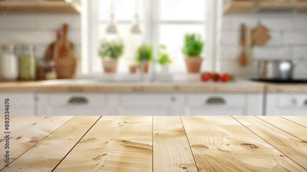 A wooden table on a blurred background of a kitchen countertop. The kitchen stand is empty, with a blurry kitchen interior in the background, suggesting peace and harmony in a homely setting. A wooden table on a blurred background of a kitchen countertop. The kitchen stand is empty, with a blurry kitchen interior in the background, suggesting peace and harmony in a homely setting.