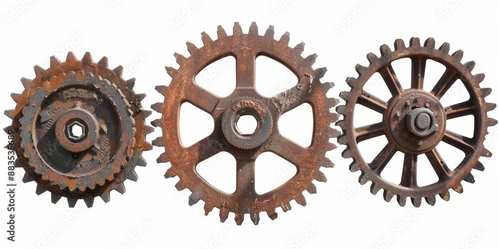 Two mechanical gears positioned closely together on a surface Two mechanical gears positioned closely together on a surface