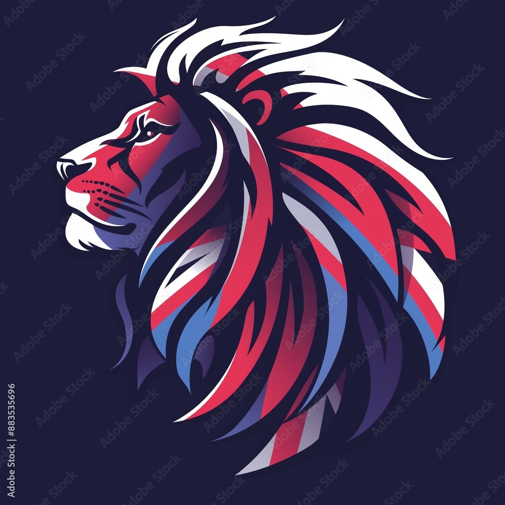 Stylized lion head logo with Union Jack flag colors, representing strength and patriotism. Ideal for branding and graphic design. Stylized lion head logo with Union Jack flag colors, representing strength and patriotism. Ideal for branding and graphic design.