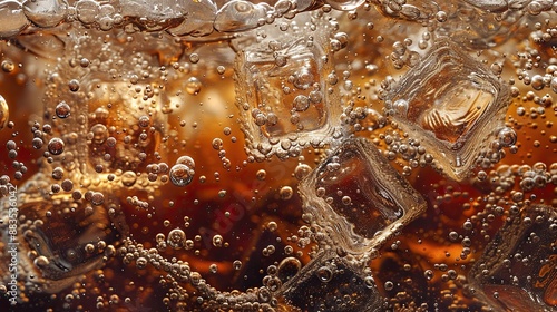 Soda with Ice. Close up of the ice cubes in cola water. Texture of carbonate drink with  photo