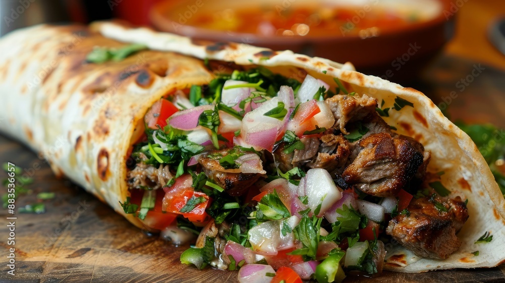 A mouthwatering shawarma roll stuffed with veggies, onions, herbs, and tender grilled meat. A mouthwatering shawarma roll stuffed with veggies, onions, herbs, and tender grilled meat.