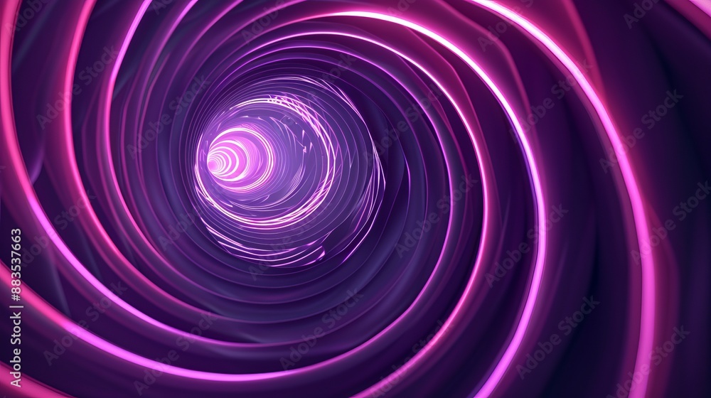 Abstract graphic design featuring an illusion of a spiral with geometric shapes in pink and violet neon lines against a purple background Abstract graphic design featuring an illusion of a spiral with geometric shapes in pink and violet neon lines against a purple background