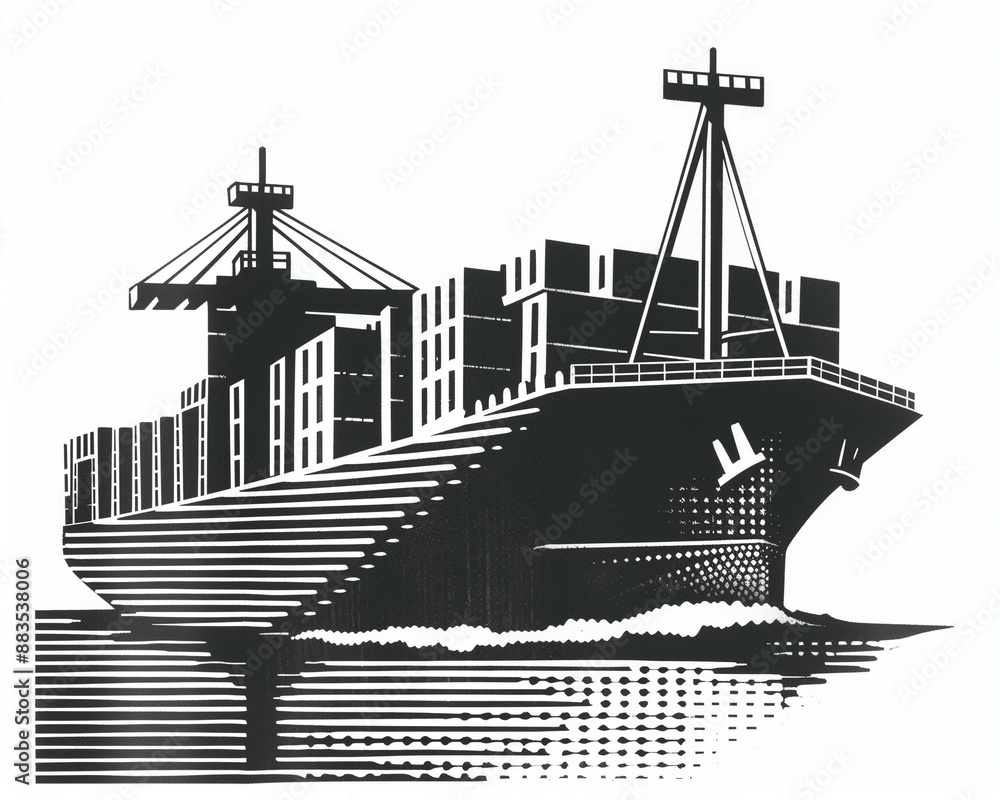 Fototapeta premium Bold Black and White Shipping Container Illustration of a Cargo Ship in Port Waters for Maritime, Logistics, and Export-Import themes