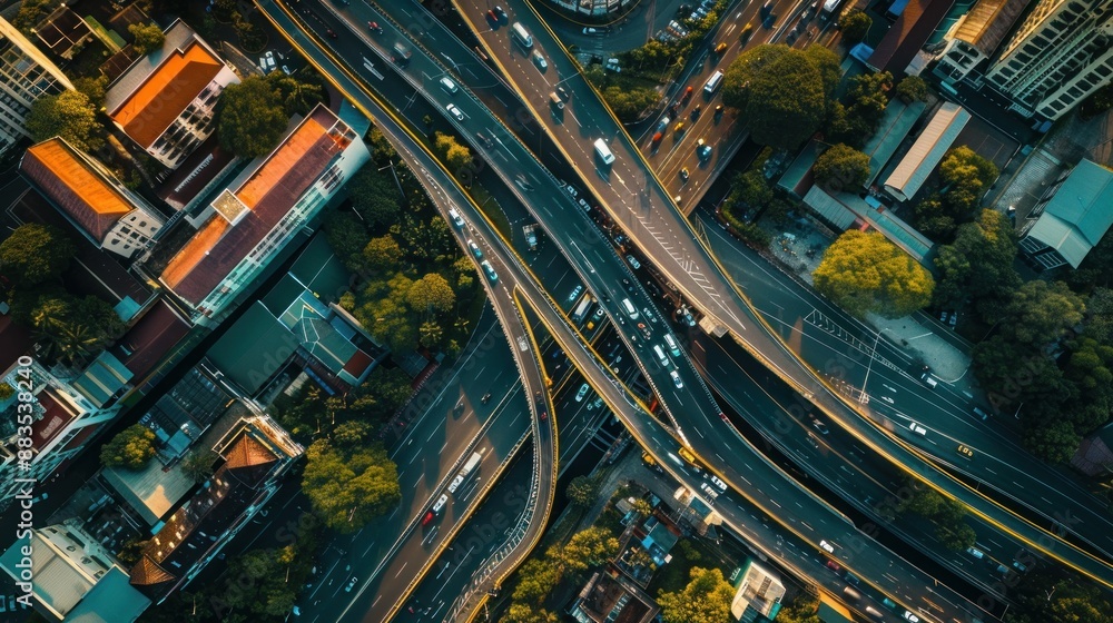 An overhead view of an expressway demonstrates how important road traffic is to Thailand's infrastructure. This picture emphasizes how crucial it is for the nation to have well-connected roads. An overhead view of an expressway demonstrates how important road traffic is to Thailand's infrastructure. This picture emphasizes how crucial it is for the nation to have well-connected roads.