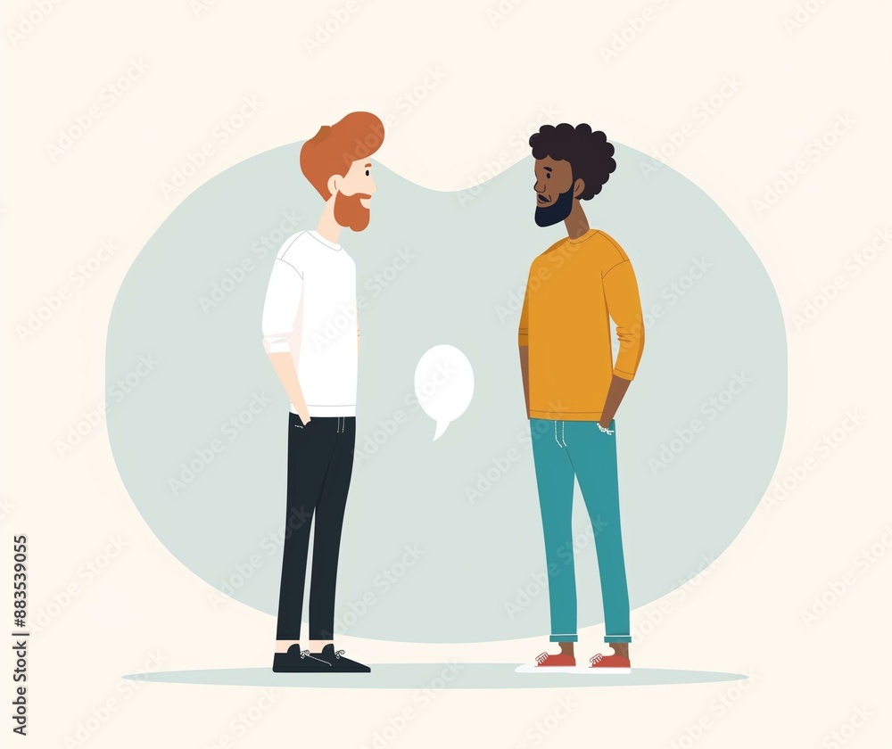 Cartoon Illustration of Two Diverse Young Men Having a Conversation with Speech Bubble Cartoon Illustration of Two Diverse Young Men Having a Conversation with Speech Bubble
