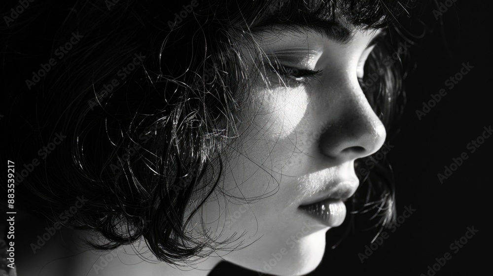 A close-up portrait of a woman's face in monochrome tones, suitable for use in editorial or artistic contexts A close-up portrait of a woman's face in monochrome tones, suitable for use in editorial or artistic contexts