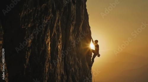 A climber on a multi-pitch route, halfway up a sheer cliff face, with the sun setting in the distance, casting long shadows and creating a dramatic, inspiring scene. photo