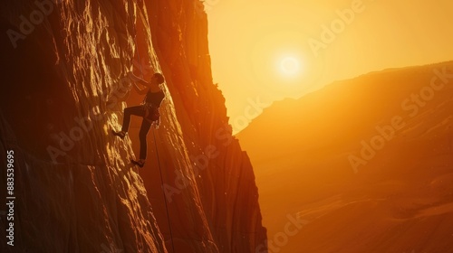 A climber on a multi-pitch route, halfway up a sheer cliff face, with the sun setting in the distance, casting long shadows and creating a dramatic, inspiring scene.