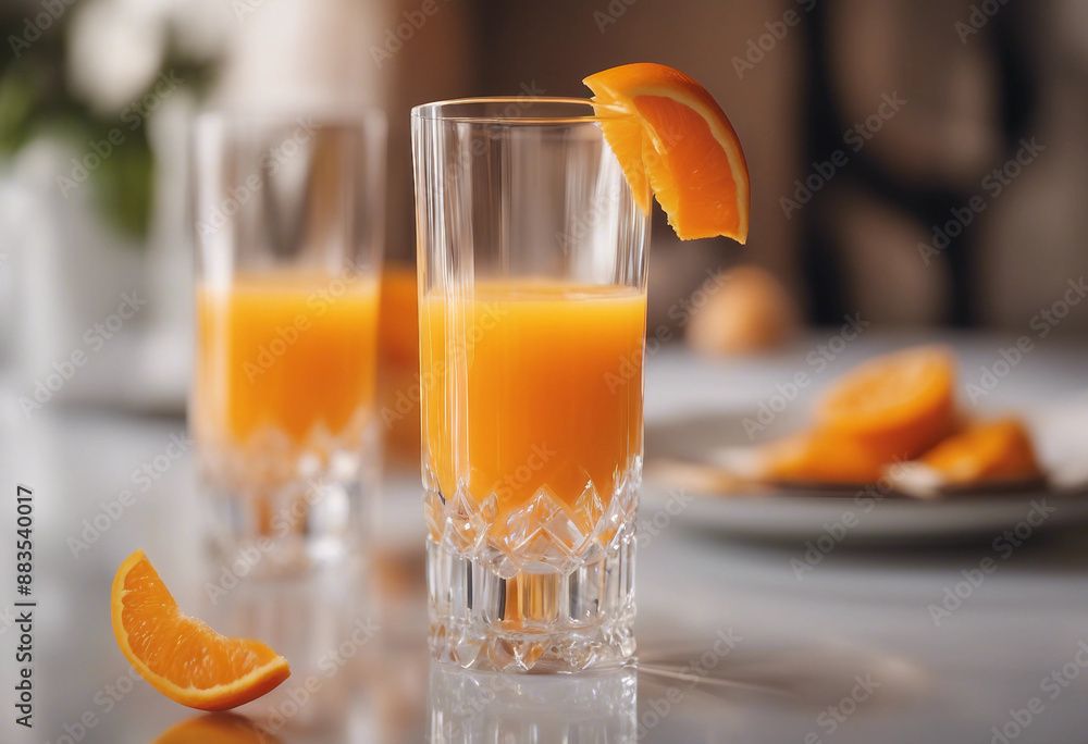 Fresh orange juice in a crystal glass with an orange slice in a luxury breakfast setting Fresh orange juice in a crystal glass with an orange slice in a luxury breakfast setting