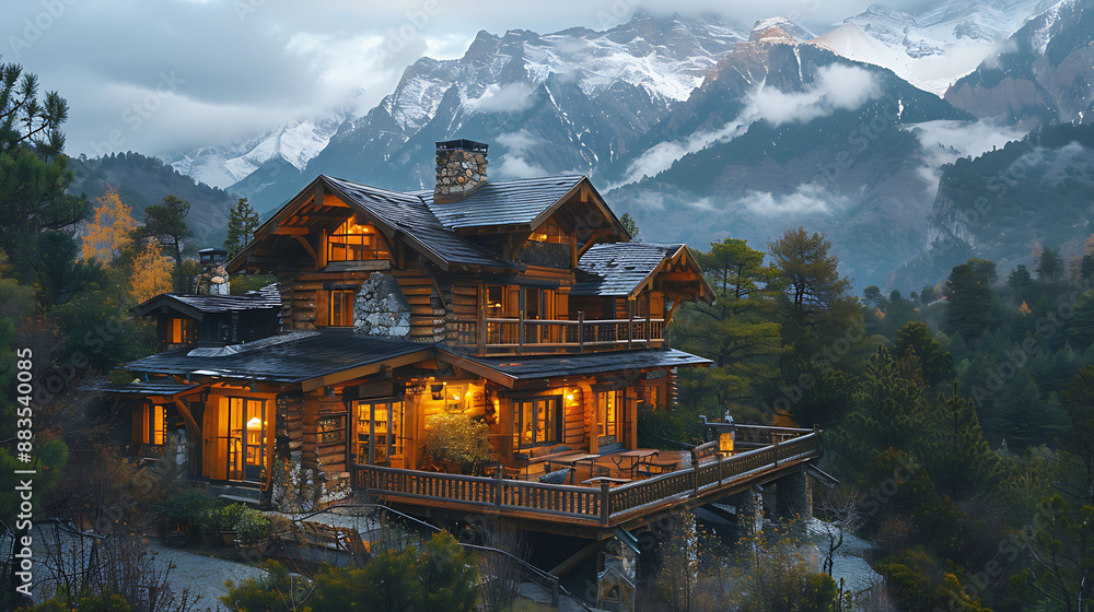 Real estate showcasing cozy Mountain Cabin with a wooden deck surrounded by tall pine trees and snowcapped mountains Real estate showcasing cozy Mountain Cabin with a wooden deck surrounded by tall pine trees and snowcapped mountains