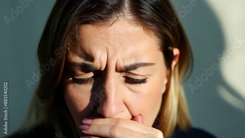 Close up portrait of a european blonde woman looking annoyed.