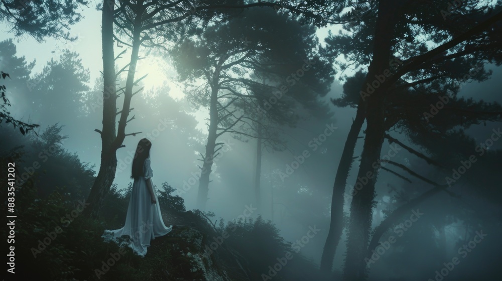 A woman wearing a white dress stands in the woods, looking around A woman wearing a white dress stands in the woods, looking around