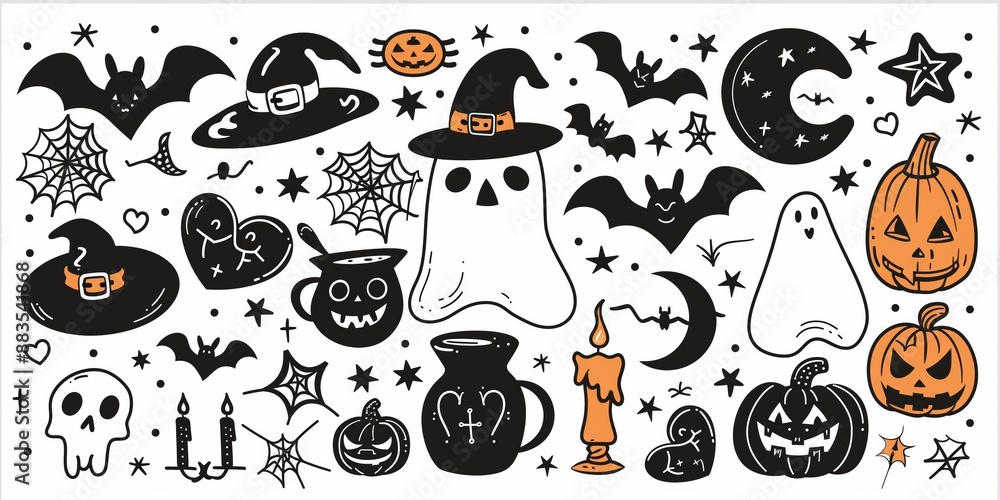 Obraz premium A festive collection of Halloween-themed doodles featuring classic spooky elements.