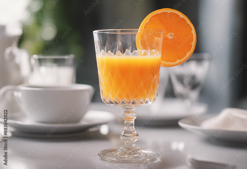 Fresh orange juice in a crystal glass with an orange slice in a luxury breakfast setting Fresh orange juice in a crystal glass with an orange slice in a luxury breakfast setting