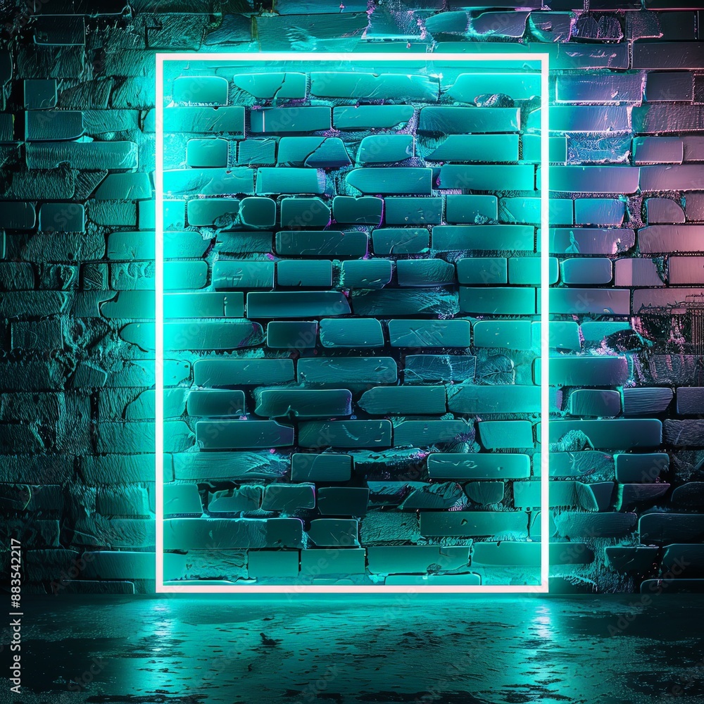 Atmospheric Blue Neon Light on Textured Brick Wall at Night Atmospheric Blue Neon Light on Textured Brick Wall at Night