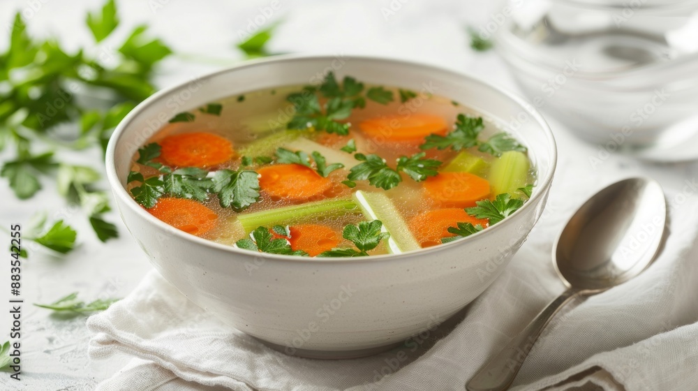 Bowl of clear chicken broth with sliced carrots and celery on a marble surface. Concept of healthy food, homemade soup, comfort meal, nutritious diet Bowl of clear chicken broth with sliced carrots and celery on a marble surface. Concept of healthy food, homemade soup, comfort meal, nutritious diet