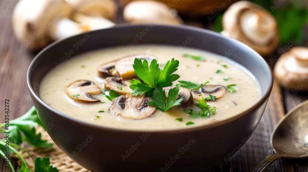 Creamy mushroom soup in a white bowl on a rustic wooden table. Concept of comfort food, homemade cooking, vegetarian diet, cozy meals Creamy mushroom soup in a white bowl on a rustic wooden table. Concept of comfort food, homemade cooking, vegetarian diet, cozy meals