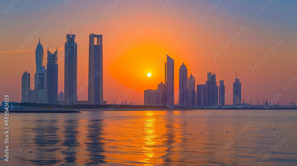 Iconic Landmarks: Notable structures such as the Etihad Towers and the Sheikh Khalifa Bridge stand majestically, their architectural elegance enhanced by the warm glow of the setting sun.
Iconic Landmarks: Notable structures such as the Etihad Towers and the Sheikh Khalifa Bridge stand majestically, their architectural elegance enhanced by the warm glow of the setting sun.