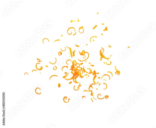 Fresh Orange Zest. Grated Orange Rinds Isolated. Raw Citrus Peel, Grated Orange Skin, Fresh Zest on White Background 