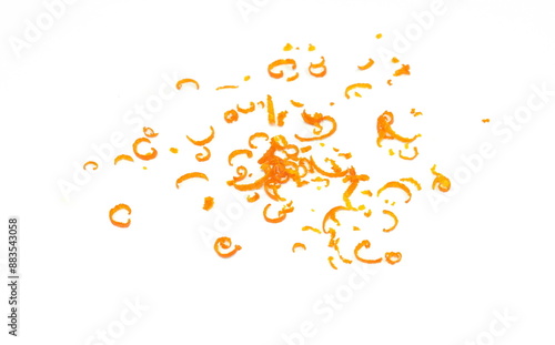 Fresh Orange Zest. Grated Orange Rinds Isolated. Raw Citrus Peel, Grated Orange Skin, Fresh Zest on White Background 