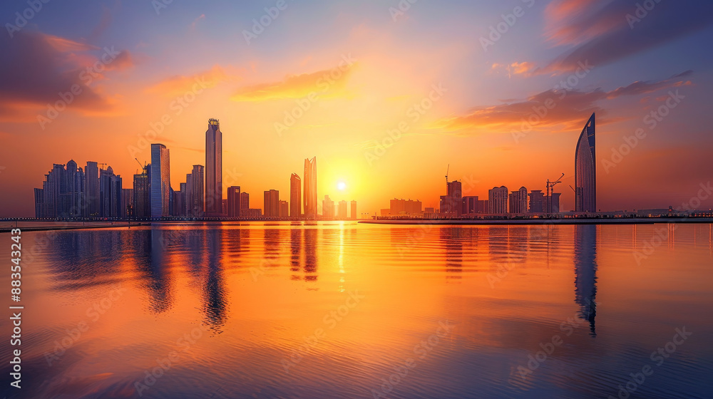 Fototapeta premium Iconic Landmarks: Notable structures such as the Etihad Towers and the Sheikh Khalifa Bridge stand majestically, their architectural elegance enhanced by the warm glow of the setting sun.
