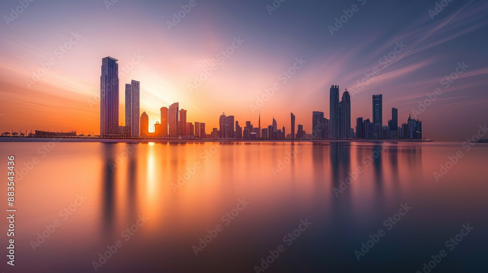 Naklejka premium Iconic Landmarks: Notable structures such as the Etihad Towers and the Sheikh Khalifa Bridge stand majestically, their architectural elegance enhanced by the warm glow of the setting sun.