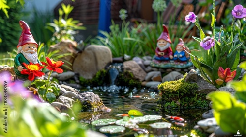 Close-up of garden gnome among vibrant flowers and rocks by a pond. Concept of garden decor, outdoor art, colorful nature, whimsical landscape